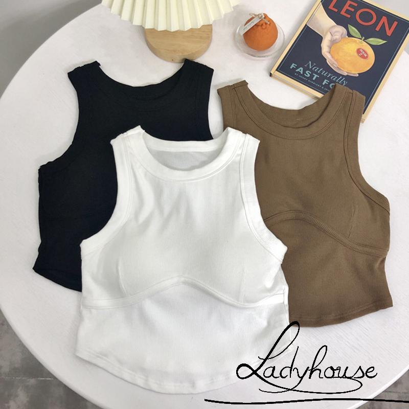 LD-Women Push Up Crochet Vest, Solid Color Round Neck Ribbed Cropped Tank Tops, Black/ White/ Coffee
