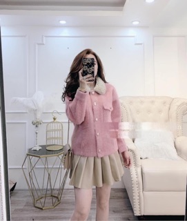áo khoác len lông hồng cổ lông