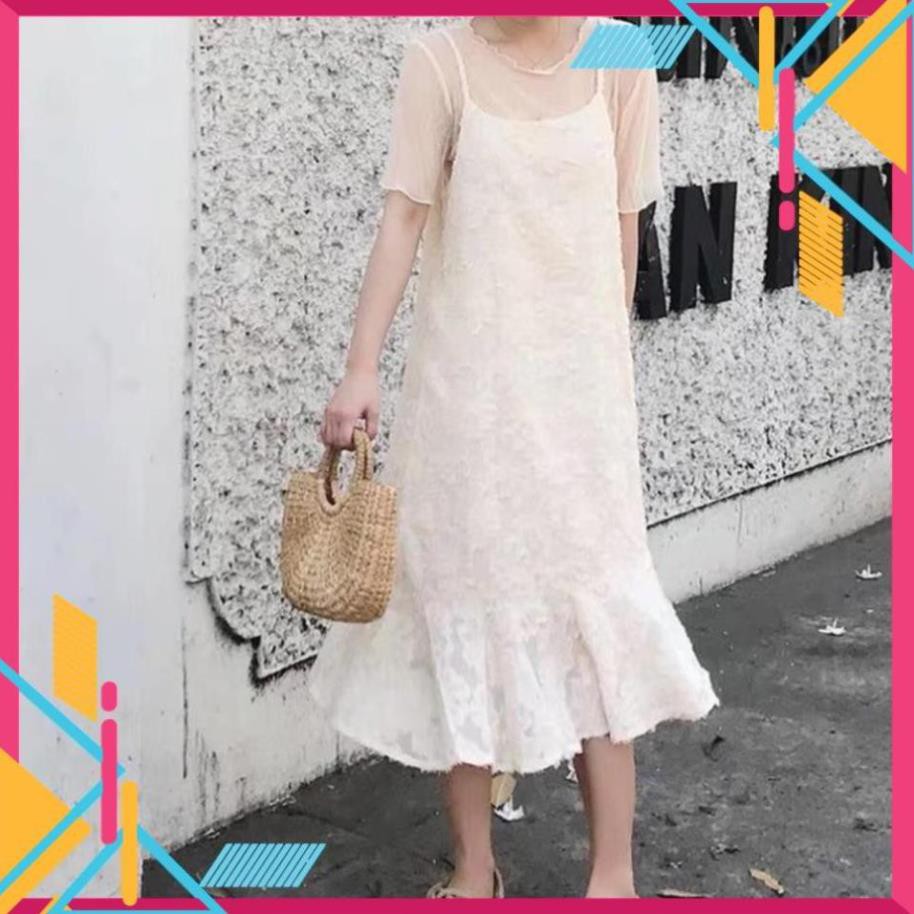Váy Suông Nữ, Đầm Dáng Suông Dài Ren Trắng Đuôi Cá Tay Cổ Phối Voan Màu Nude Điệu Đà Dịu Dàng. !