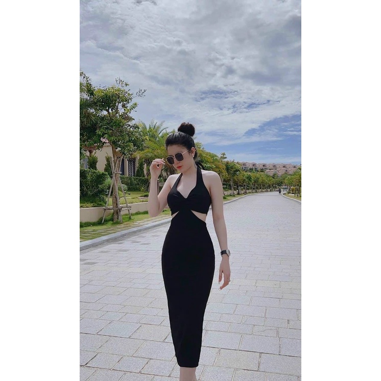 [9.9 Sales Freeship] Váy đầm nữ ôm body, đầm body khoét eo xoắn ngực cột dây cổ, đầm thun xốp dáng dài hở lưng sexy dx