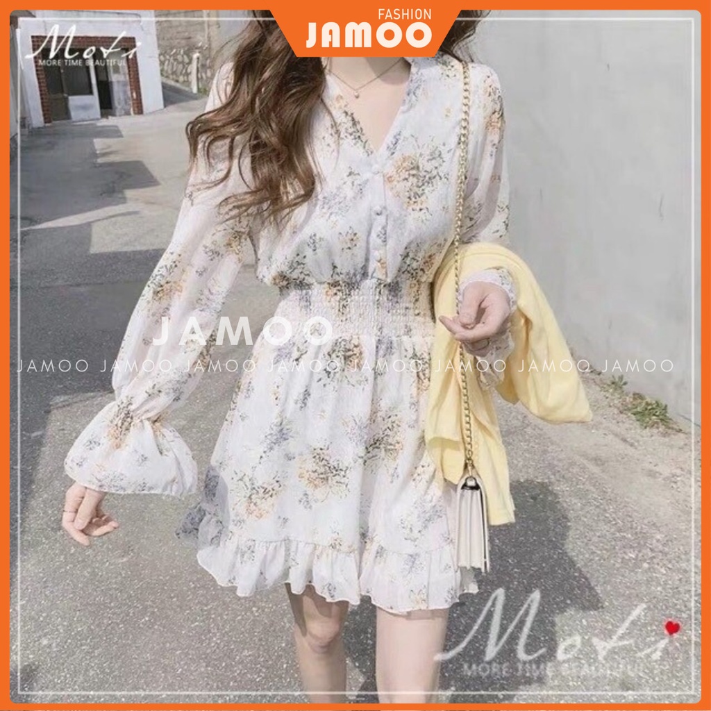 Váy hoa nhí vintage cổ V nền trắng be hoa xinh