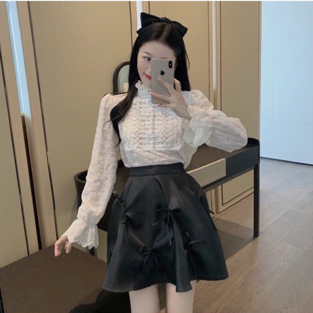 ÁO KIỂU TIỂU THƯ 🎀🎀 + CHÂN VÁY XOÈ ĐÍNH NƠ 🎀 PHONG CÁCH HOÀNG GIA SANG TRỌNG