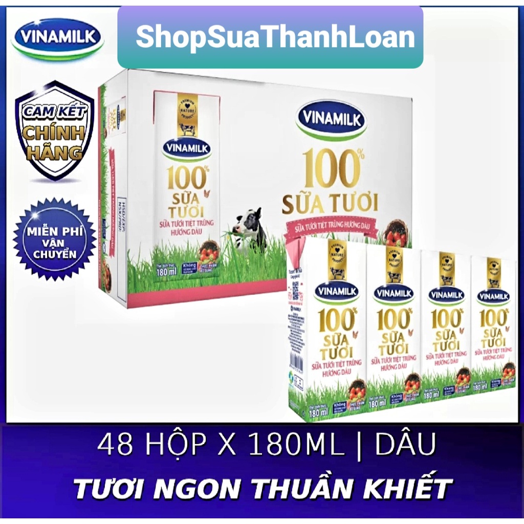 [HSD T8-2022] Thùng 48 Hộp Sữa Tươi Tiệt Trùng Vinamilk 100% Hương Dâu 180ml