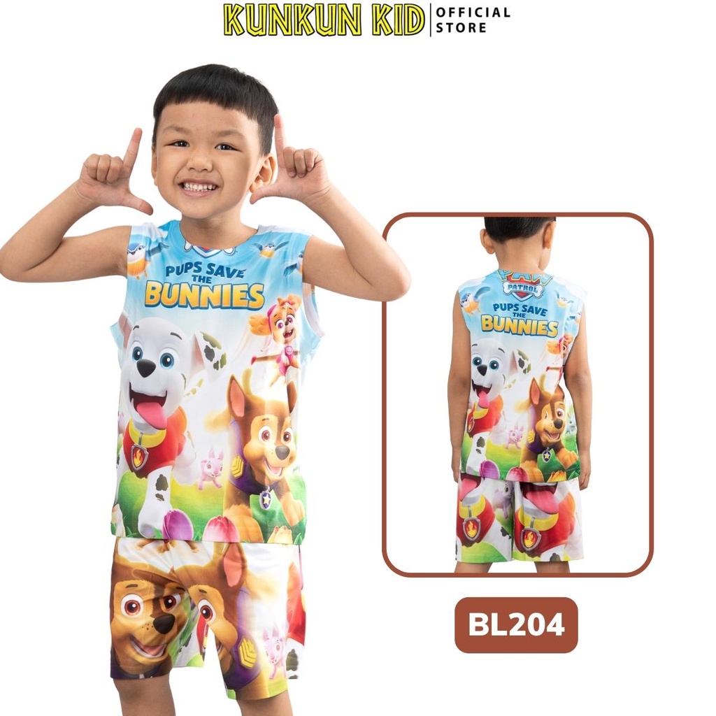 Đồ bộ thun lạnh ba lỗ in 3d cho bé trai hình chó anh hùng size đại từ 10kg-40kg KunKun Kid BL204