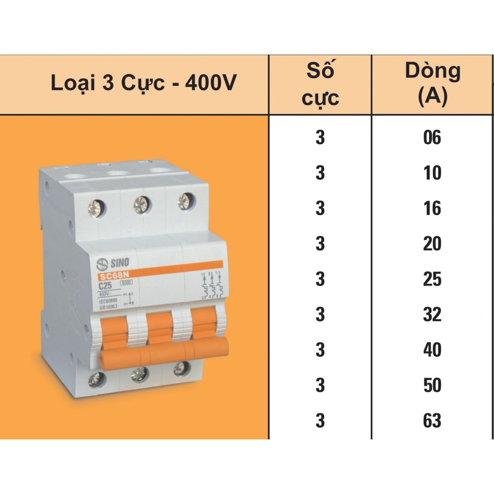 Át 3 PHA SINO S19 16A 20A 25A 32A 40A 50A 63A chính hãng