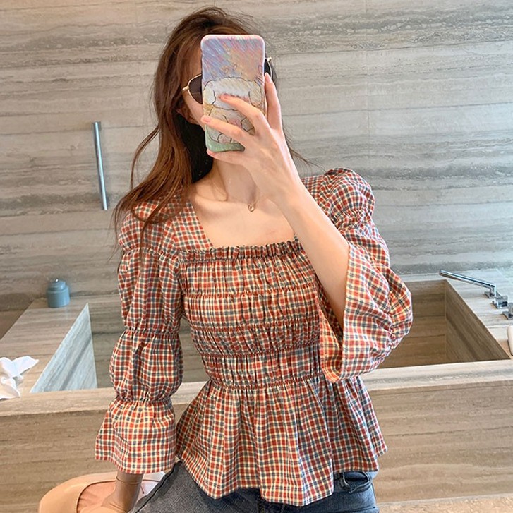 Women Retro Square Collar Plaid Shirt Sleeve Plaid Shirt Slim Waist Shirt Top