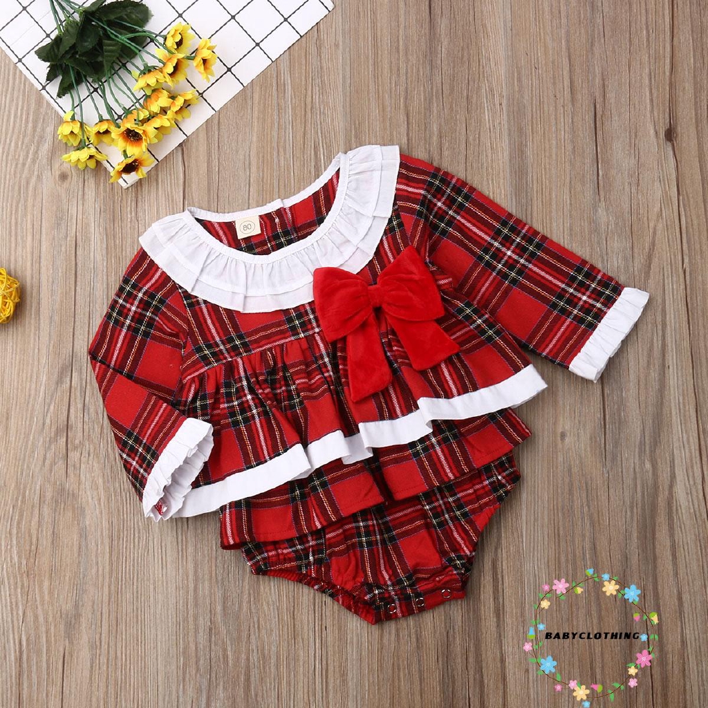 Áo liền quần dạng đầm tay dài họa tiết caro màu đỏ xinh xắn cho bé gái