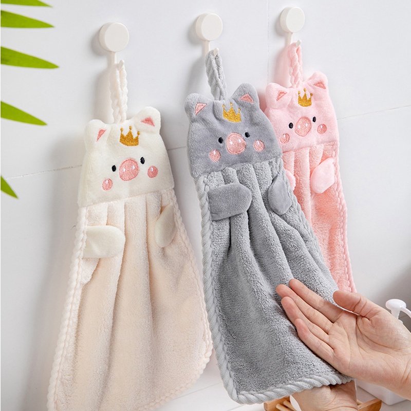 Khăn lau tay treo tường bằng vải lông cừu san hô mềm thấm hút nhanh khô thêu hình chú heo hoạt hình sáng tạo