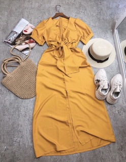 ĐẦM MAXI VÀNG CỘT NƠ NGỰC