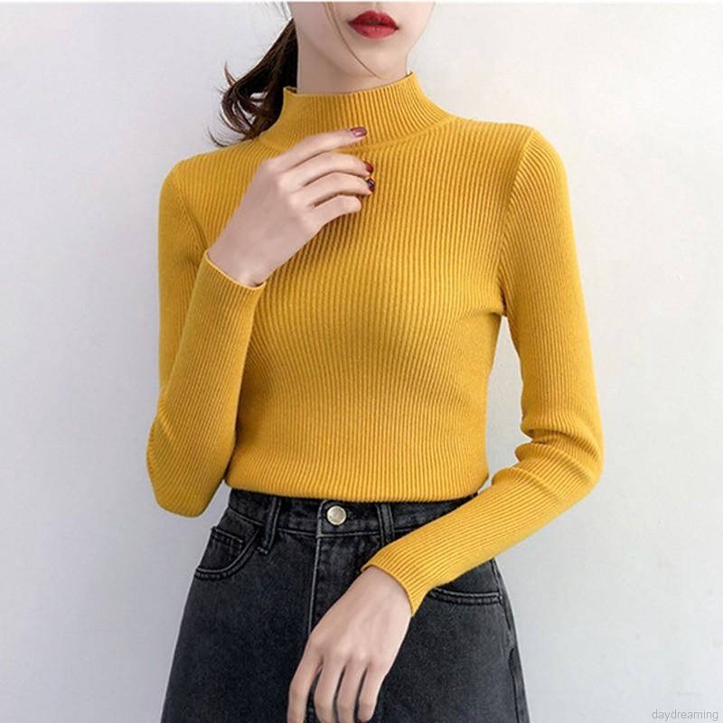 Áo Sweater tay dài màu trơn thiết kế cổ lọ thanh lịch