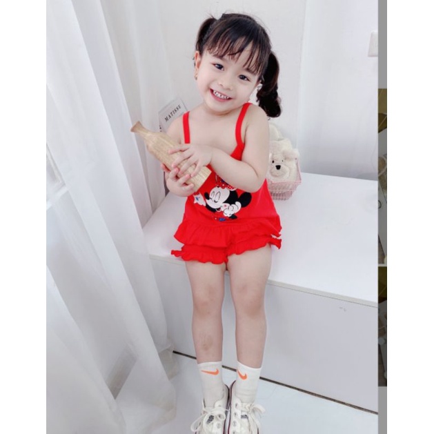 Bộ bé gái 2 dây bèo nhún cotton xuất dư đẹp mát thấm hút mồ hôi