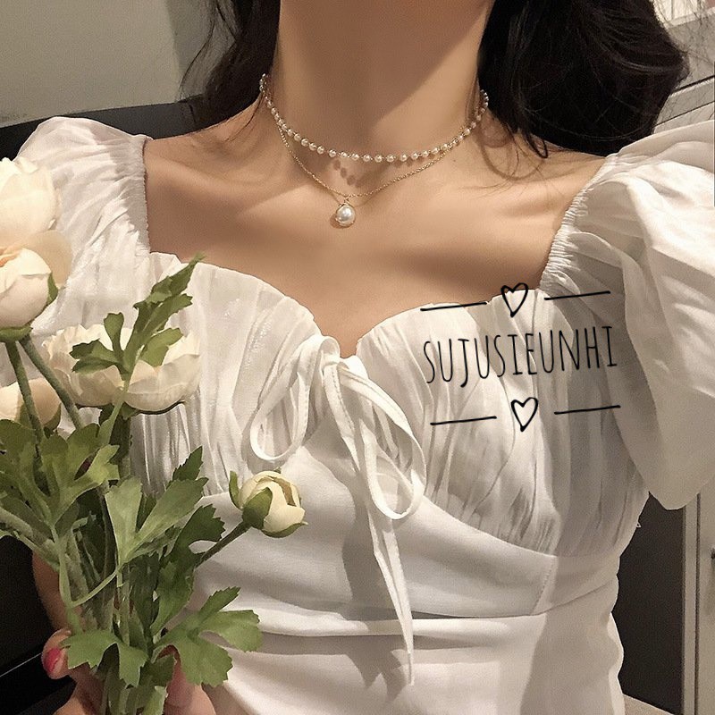 Set vòng cổ choker 2 dây liền ngọc nhỏ sang chảnh