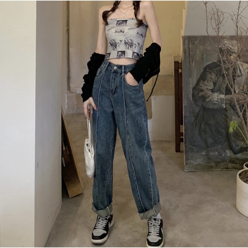 Quần Denim | Quần Denim Jeans Nữ Cạp Cao Dáng Dài Thiết Kế Xắn Gấu Chất Jeans Dày Dặn Hàn Quốc
