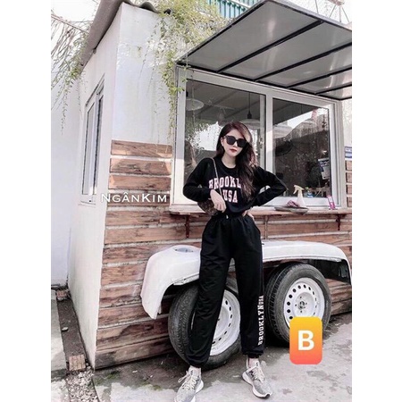 Set bộ thun thể thao, bộ da cá tay dài in chữ USA rút dây eo quần ống túm, bộ áo crop bo chun đi chơi cá tính