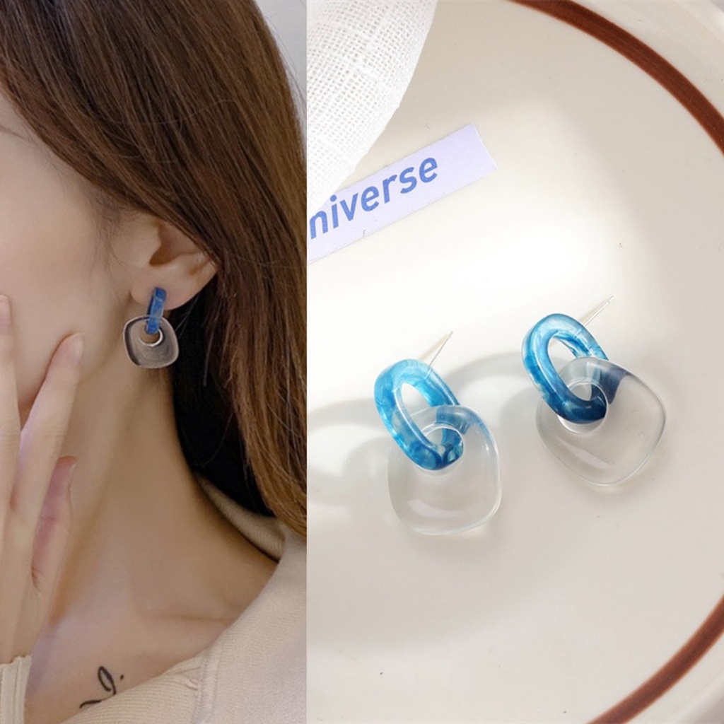 Khuyên Tai Hình Học Màu Xanh Tương Phản Đơn Giản Thời Trang Phong Cách Hàn Quốc