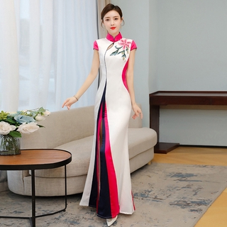 Đầm Dự Tiệc Kiểu Sườn Xám Dáng Dài Phối Đuôi Cá Trang Nhã Cho Nữ