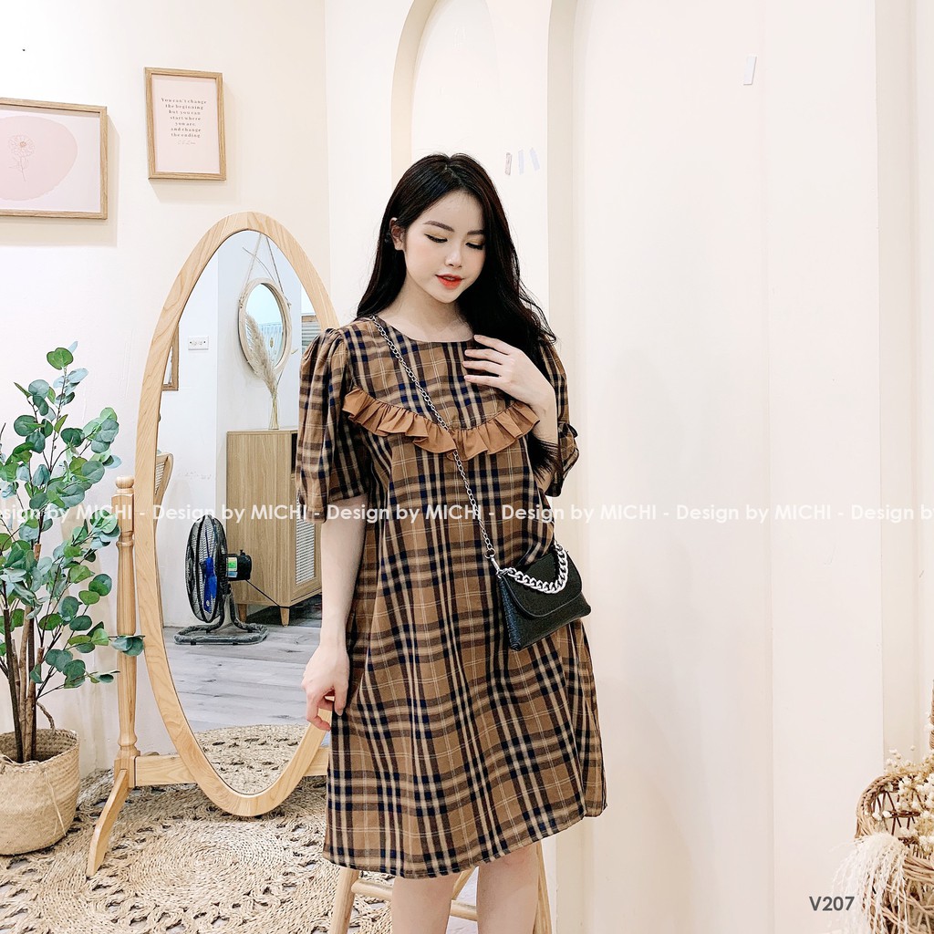 Váy suông sọc burberry phối bèo, đầm xuông rộng freesize, tay cộc mã V207 - Michi's House