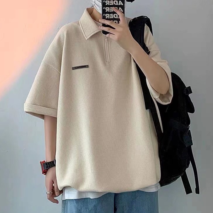 Áo polo Ngắn Tay Dáng Rộng Màu Trơn Phối Khóa Kéo Thời Trang Unisex