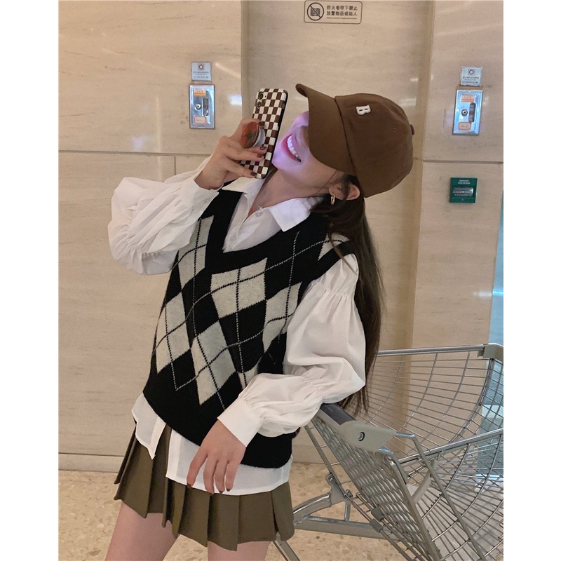 Áo gile len nữ ulzzang họa tiết ô trám chất len dệt kim đẹp áo len không tay cá tính - AL12 (sẵn) | BigBuy360 - bigbuy360.vn