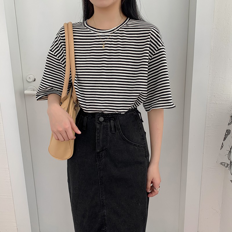 Áo thun nữ Ngắn tay Kẻ sọc ngang Mùa Hè Cổ tròn Cotton Áo phông nữ Tay ngắn Form rộng Sọc ngang Thời trang