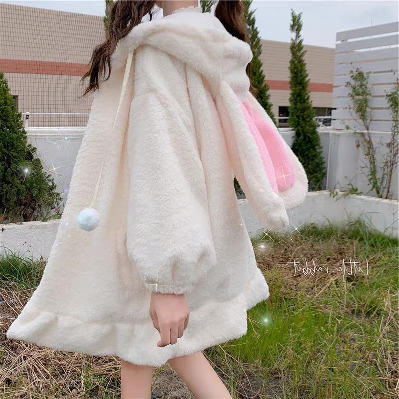 Áo Khoác Lông Mũ Thỏ Ulzzang - Kèm vid thật