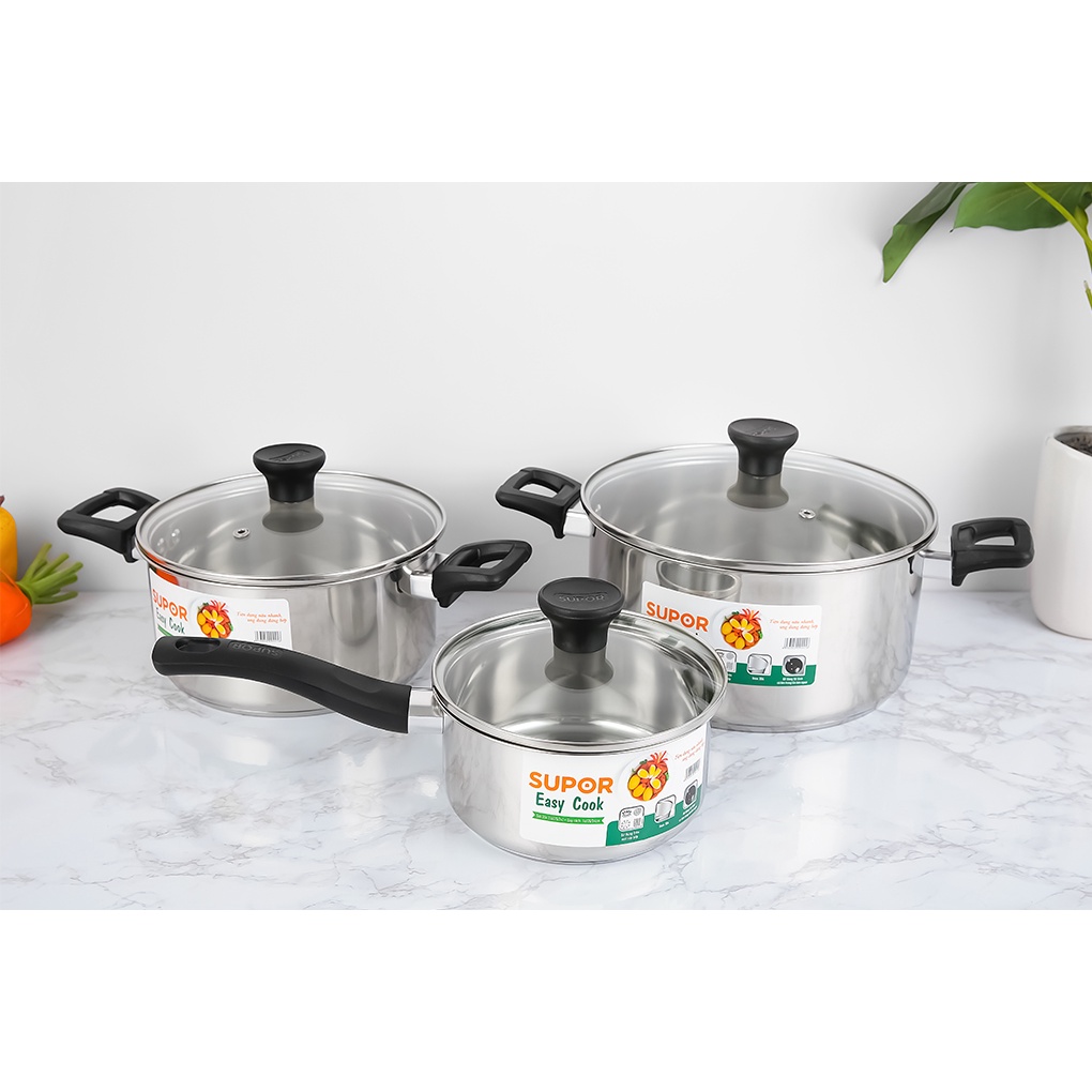 Bộ 3 nồi quánh inox 3 đáy nắp kính Easycook Supor H20211-T1 - Inox 304 bền đẹp sáng bóng, tay cầm chắc chắn