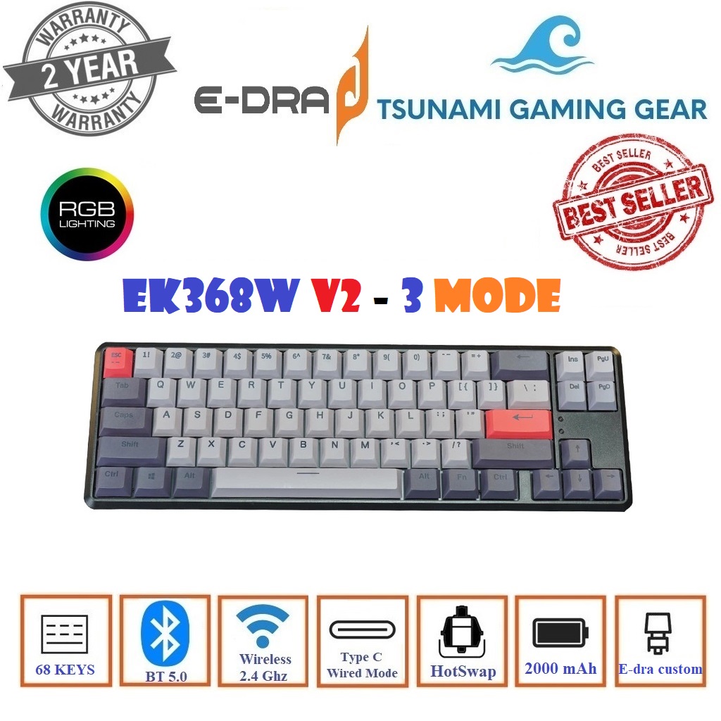 Bàn phím cơ không dây EDRA EK368W Hotswap/ Bluetooth/ TypeC Hàng chính hãng