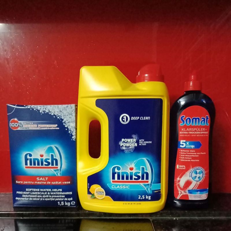 combo sản phẩm bột rửa bát Finish + muối Finish 1,5 kg + bóng somat 750ml