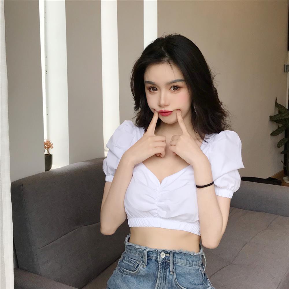 Áo Croptop Nữ Tay Bồng - Rere.Store [FREESHIP] - Áo Croptop trắng tay bồng bo chun G12-1