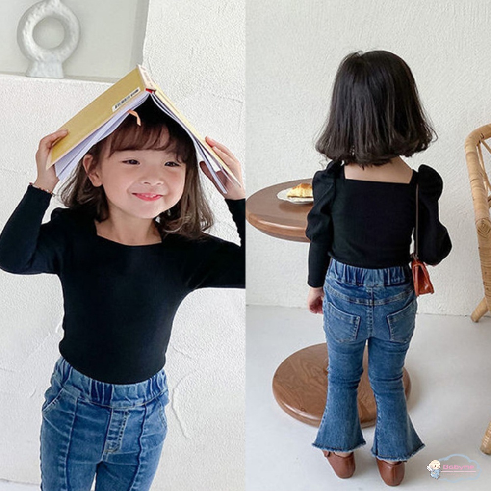 Áo Thun Tay Dài Phồng Thoáng Khí Thời Trang Hàn Quốc Cho Bé Gái