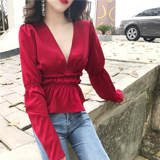 Áo cổ V chun eo