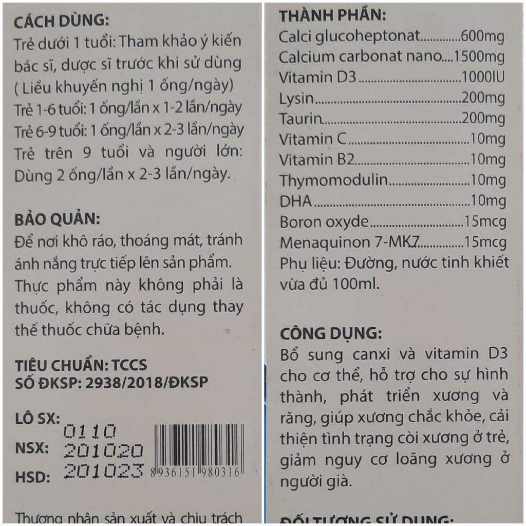 Canxi Pedia baby Calium nano tăng chiều cao cho bé, chắc khỏe xương cho bé từ 6 tháng tuổi - Hộp 20 ống