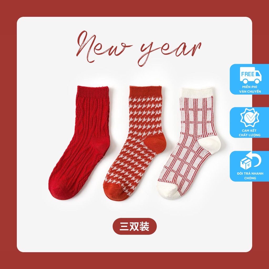Vớ nữ cao cổ CARAMELLA, tất nữ cao cổ Caramella Happy New Year set 3 đôi kèm hộp đựng hoặc túi zip