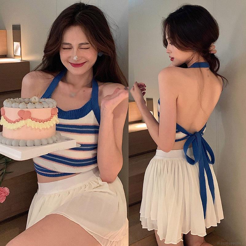 Áo Tank Top Dệt Kim Hở Lưng Họa Tiết Kẻ Sọc Thời Trang Quyến Rũ Cho Nữ