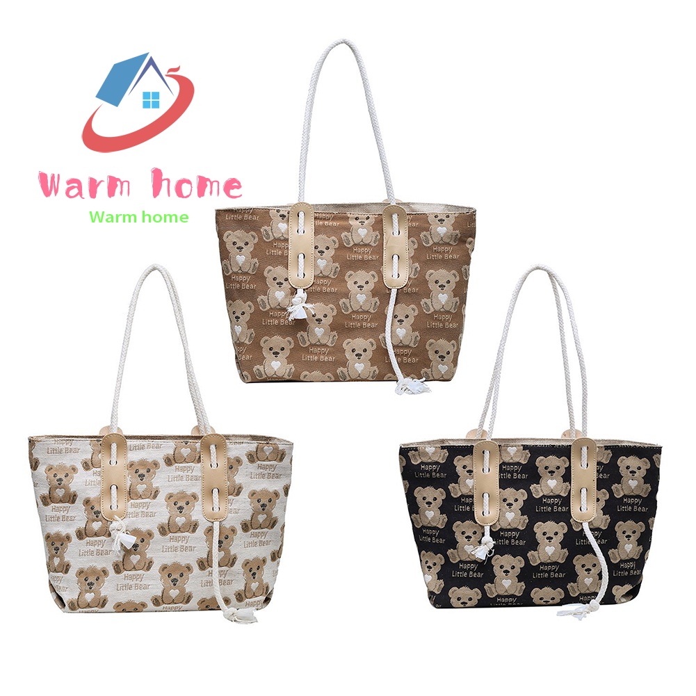 Túi xách canvas cỡ lớn in hình gấu hoạt hình dễ thương cho nữ