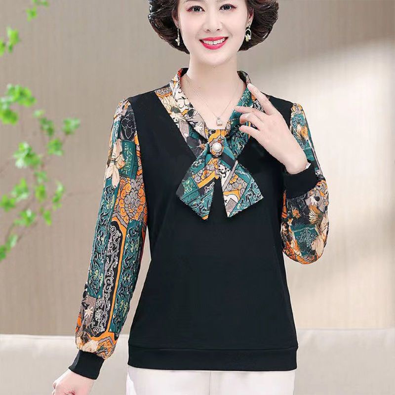 Áo Thun Tay Dài Dáng Rộng Phong Cách Phương Tây Thời Trang Mùa Thu Cho Phụ Nữ Trung Niên