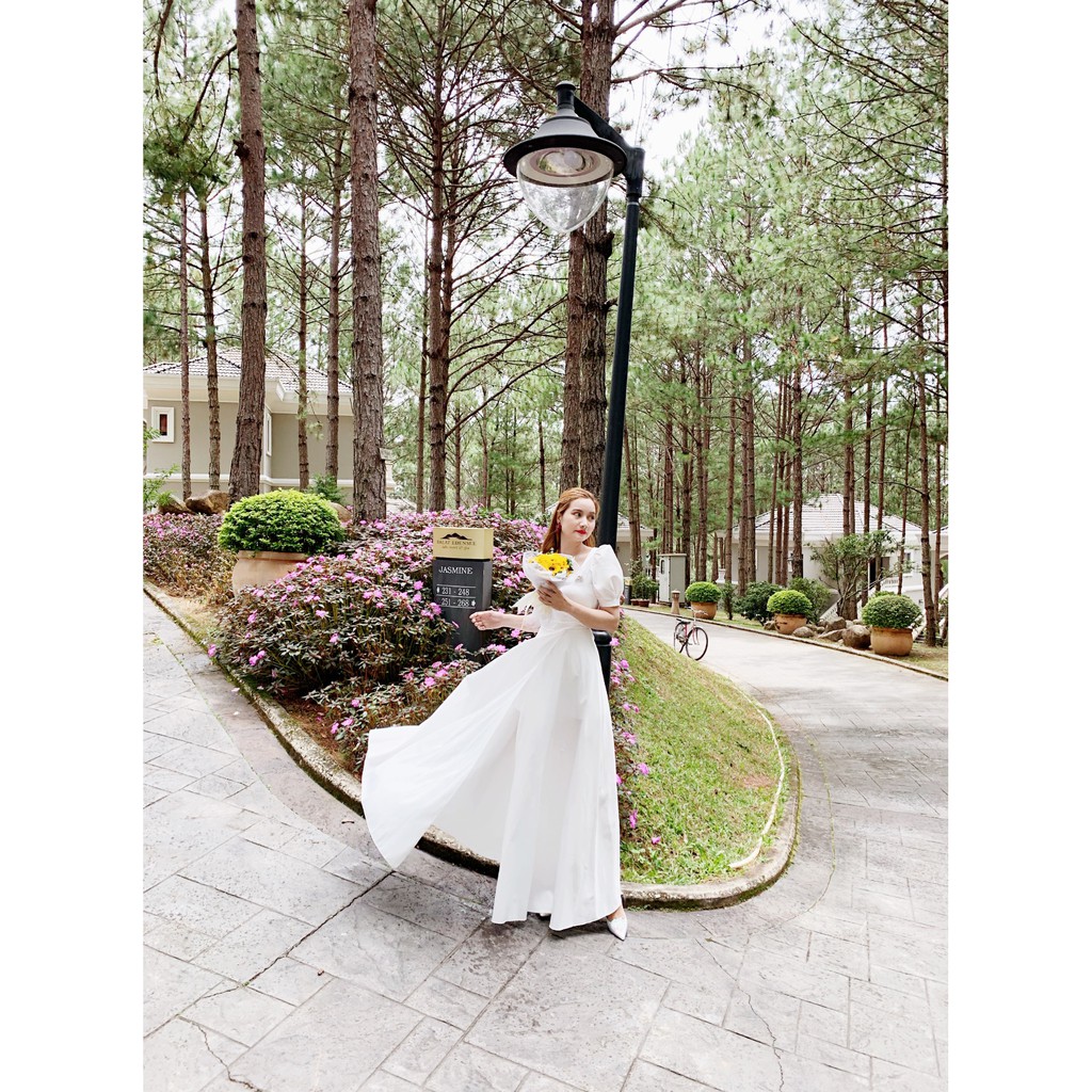 Đầm maxi trắng, dạ hội tay phồng xẻ tà sang trọng - Hình thật Sp 100% | BigBuy360 - bigbuy360.vn