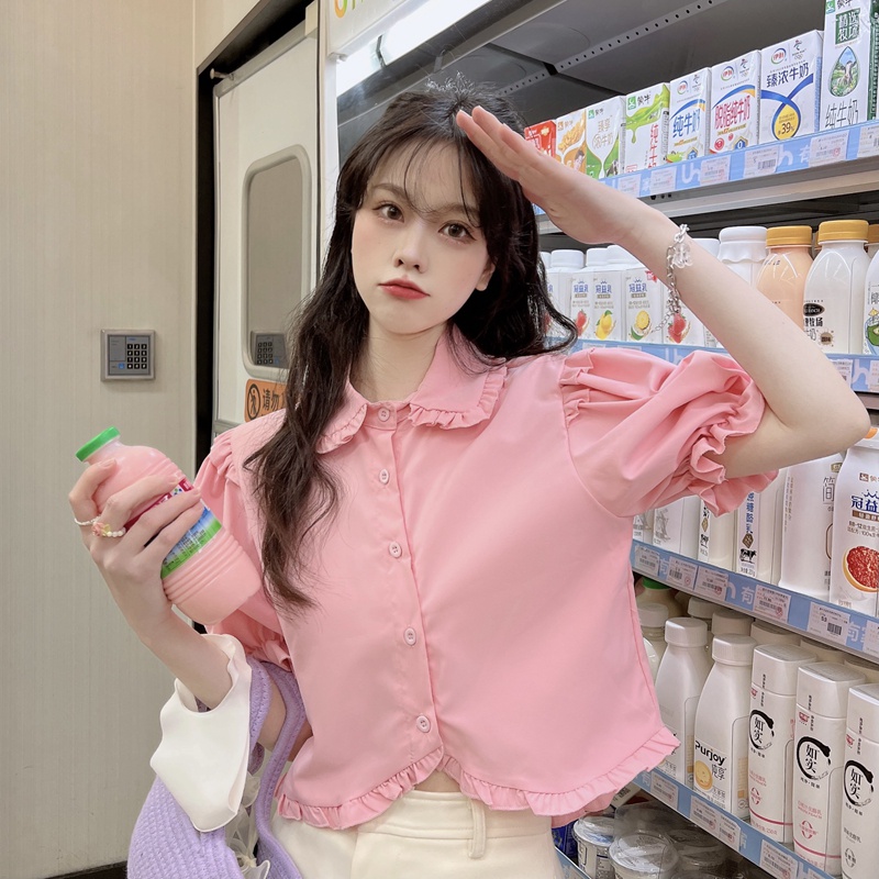 SUXI Áo Sơ Mi Tay Ngắn Cổ Búp Bê Màu Sắc Đơn Giản Thời Trang Mùa Hè Xinh Xắn Cho Nữ