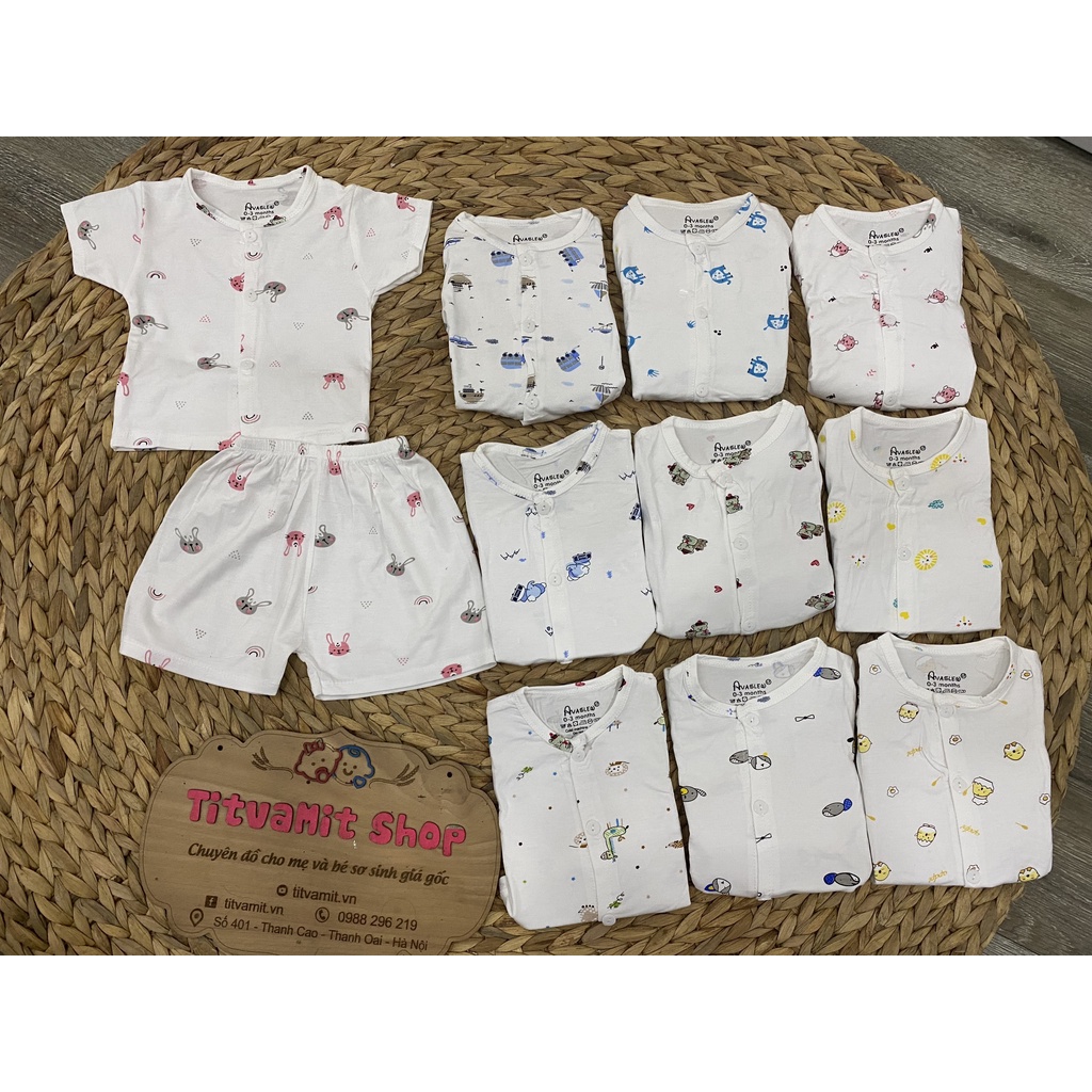 Bộ cộc avalew cúc giữa peptit trắng hoạ tiết, bộ cộc cúc giữa cho bé trai, bé gái