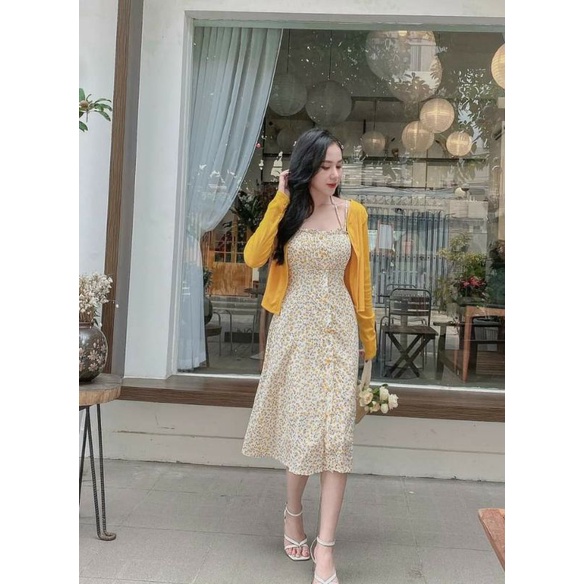 Set đầm hoa nhí vàng kèm áo khoác phong cách ngọt ngào- hàng thiết kế