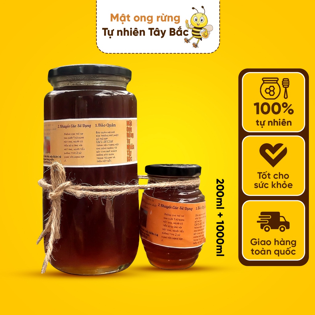 Combo mật ong rừng Tây Bắc nguyên chất lọ 200ml & 1000ml giúp bổ sung sức khoẻ, thanh lọc cơ thể
