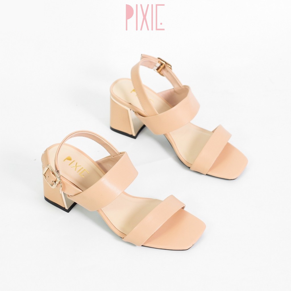 [Mã WABRPX55 giảm 12% đơn 99K] Giày Sandal Cao Gót 5cm Đế Vuông Ốp Đồng Quai Ngang Màu Đen Pixie X462