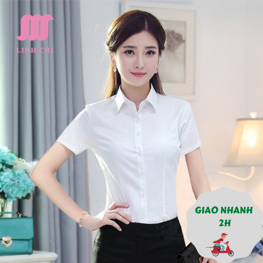 Áo sơ mi nữ tay ngắn cao cấp vải cotton loại 1 màu trắng ASNT203