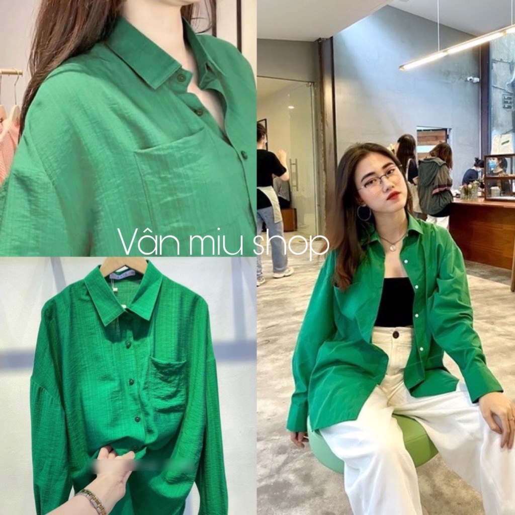 Áo sơ mi túi chất đũi mát màu xanh lá hot trend đuôi tôm form rộng vanmiushop