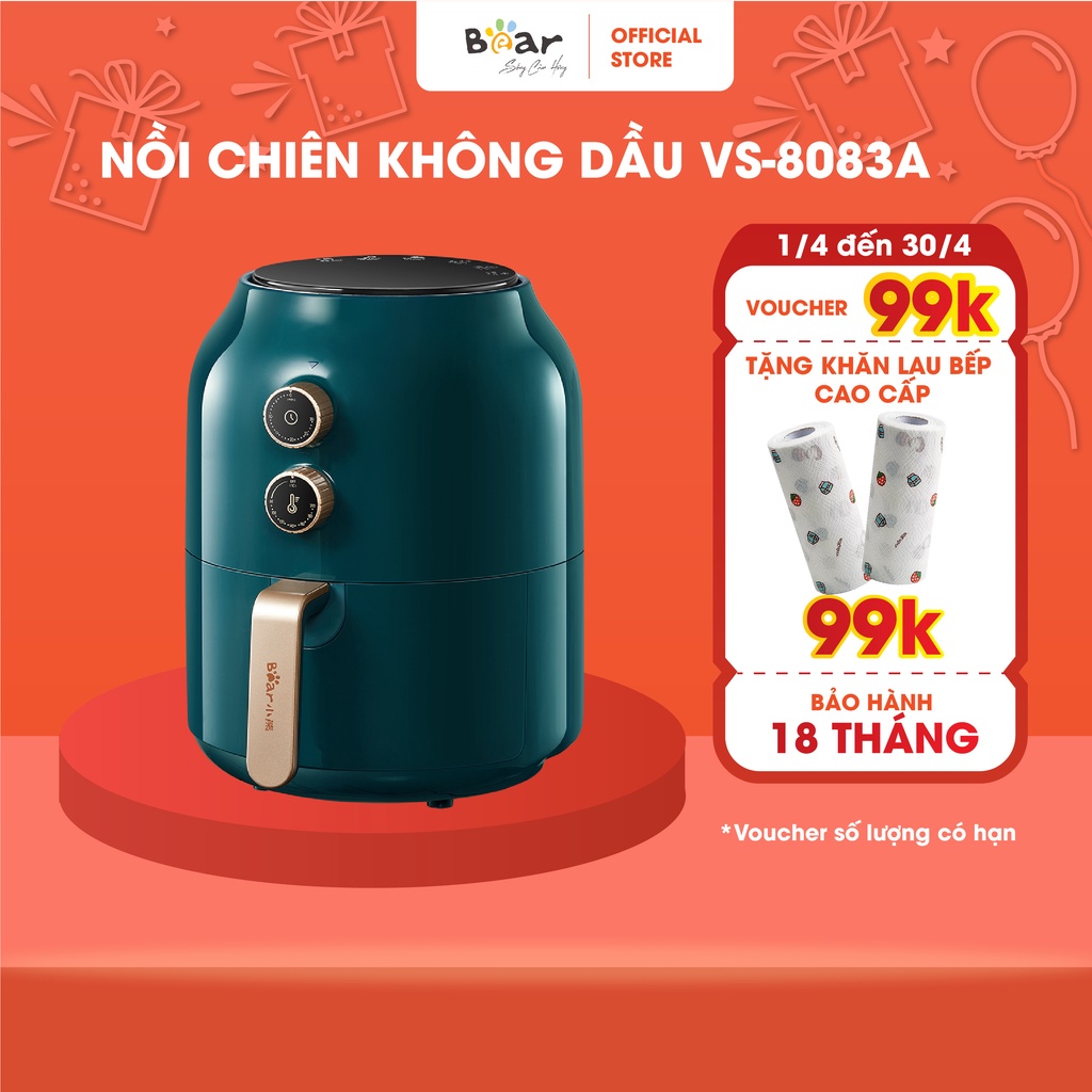 Nồi Chiên Không Dầu Bear Công Nghệ Nhiệt Đối Lưu 360 Độ Chiên K Dầu, Nhựa Cao Cấp An Toàn Tuyệt Đối - VS-8083A