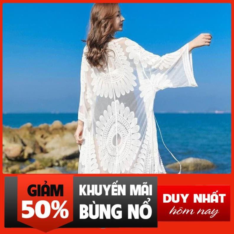 Áo Choàng Kimono Đi Biển Ren Mỏng Sexy, Áo choàng đi biển ren ( trắng - đen) đẹp
