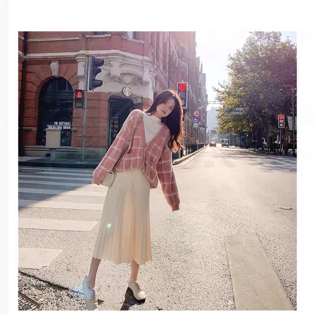 Áo cardigan Forgirl hoạ tiết sọc vân phối túi