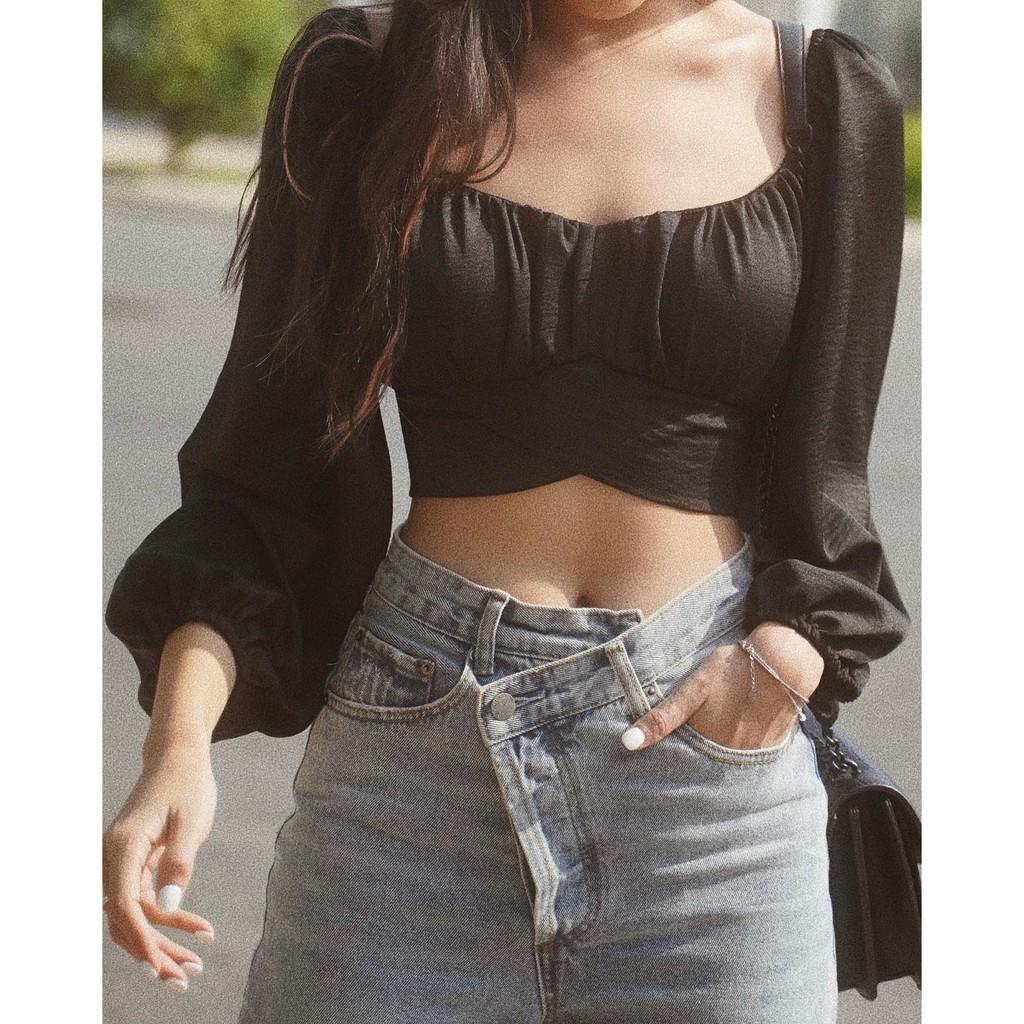 Áo croptop tay dài thắt nơ sau lưng - Chất liệu vải đũi thoáng mát