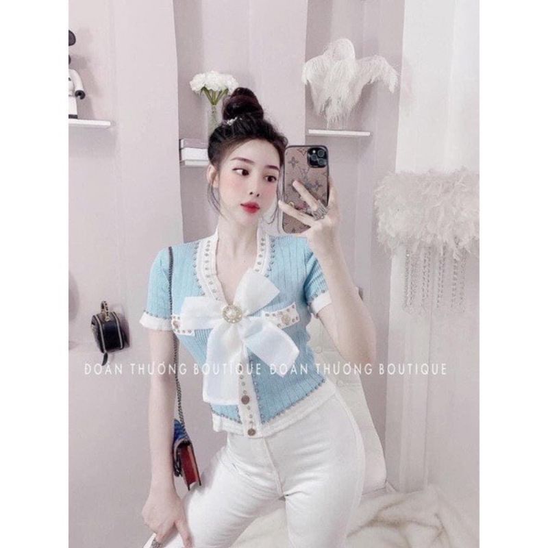 Áo Len nữ cộc tay viền đính đá kèm tag nơ hàng QC