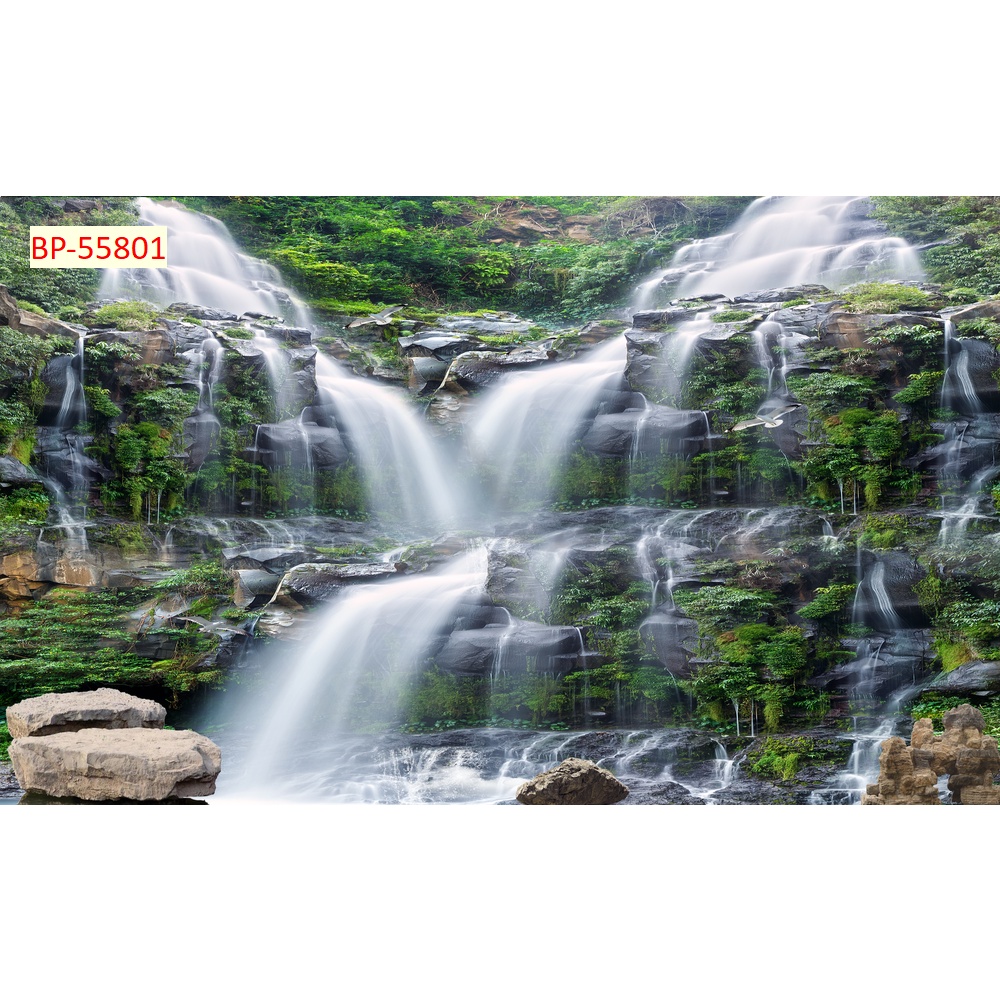 Tranh 3D phong cảnh thác nước chảy, sông suối nên thơ in theo kích thước yêu cầu